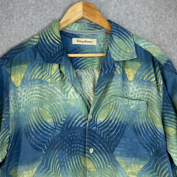 Tommy Bahama Mens Medium Silk Button Down Shirt Blue Green Abstract Print Camp - Picture 4 of 11